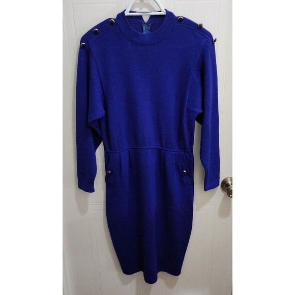 ST. JOHN 70/80s Long Sleeve Santana Knit Dress Buttons Belted Blue Sz 2 *Stains*